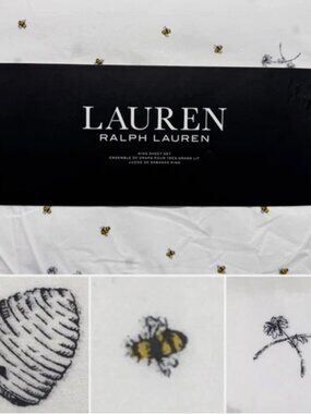 Ralph Lauren KING Sheet Set Bumble Bee Hive Flowers Cotton 18" X-Deep Mattress